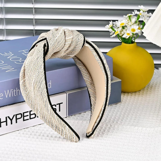 Beige Wide Knotted Fabric Headband for Women and Girls