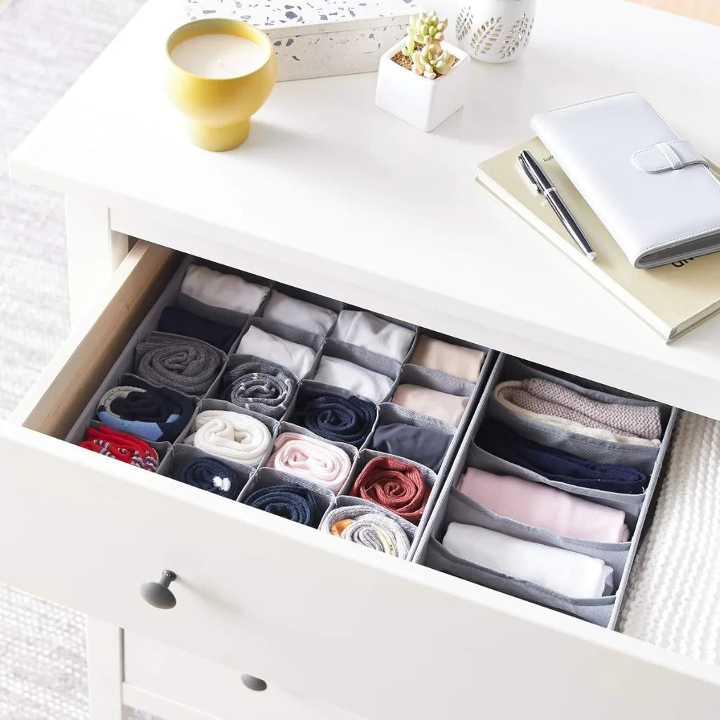2-Pack Gray Fabric  Drawer Organizer Dividers with 6 Compartments