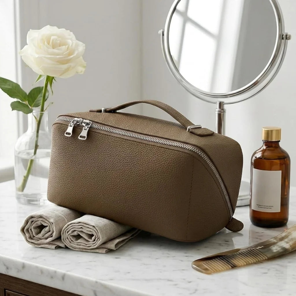 Large Lychee Texture PU Leather Travel Makeup Bag with TPU Brush Compartment